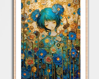 Gustav Klimt Inspired Floral Flowers Art Print Wall Home Decor Poster Mural Hatsune Miku Anime Sky Cozy Modern Art Vintage Oil Painting