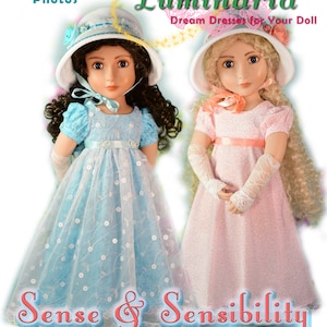 May include: Sewing pattern for a 16-inch doll dress, featuring two dolls wearing blue and pink dresses with matching hats. The pattern is titled "Sense & Sensibility" and includes step-by-step photos.