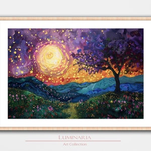 Gustav Klimt Inspired Floral Landscape Art Print Wall Home Decor Poster Mural Moon Night Sky Cozy Modern Vintage Oil Painting Trees Wood