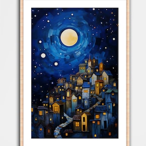 Gustav Klimt Inspirierte Landschaft Art Print Dark Academia Wand Wohnkultur Cottagecore Poster Mond Nachthimmel gemütliches modernes Vintage Ölgemälde