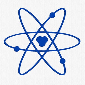 May include: A blue atom symbol embroidered on a white background. The design features orbiting electrons around a central nucleus, with a three-lobed shape at the center. The lines are thick and the overall style is simple and clean.