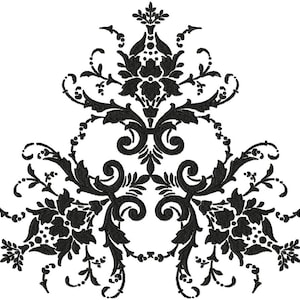 May include: Black and white damask design with intricate floral patterns and swirls. The design is symmetrical and has a vintage feel.