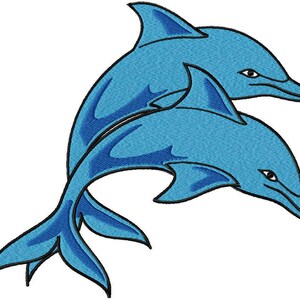 Puede incluir: Dos delfines azules nadando en una pose juguetona, con un delfín saltando sobre el otro. Los delfines están delineados en negro y tienen un sombreado azul claro.