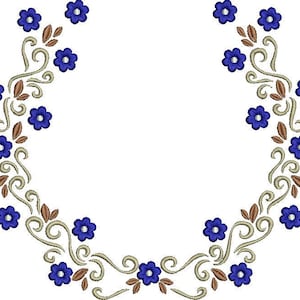 Könnte beinhalten: Ein floraler Stickmusterentwurf in Halbkreisform. Er zeigt blaue Blüten, braune Blätter und beige Ranken auf weißem Hintergrund. Dieses detaillierte Design eignet sich für Stickprojekte und Kunsthandwerk.