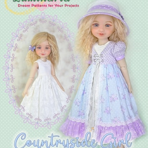 Modello per vestiti per bambole in formato PDF da 14,5" in rosso rubino, modello "Fashion Friends Countryside Girl" con download immediato, modello per cucire cappello e grembiule di Luminaria Designs