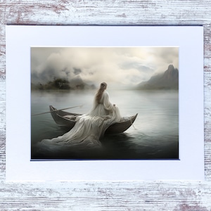May include: A woman in a white dress sits in a wooden boat on a misty lake. The mountains in the background are obscured by fog.