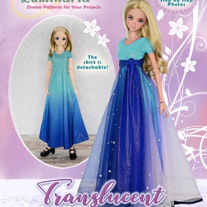 May include: A sewing pattern for a translucent blue and purple dress for a 23.5 inch doll. The dress has a detachable skirt and includes step-by-step photos.