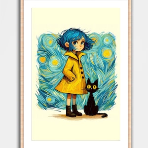 Fan Art inspirado en Coraline Art Print Van Gogh Wall Home Decor Poster Geek Nerd Gaming Gamer Regalo Sala de computadoras Black Cat Anime Girl Moon