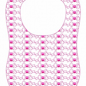 May include: A white baby bib featuring a repeating pattern of small, embroidered pink bows. The design consists of horizontal rows of bows with stitched outlines, creating a uniform and decorative appearance across the entire surface of the bib.