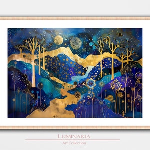 Gustav Klimt Inspirierte Landschaft Kunst Druck Wand Wohnkultur Poster Wandbild Mond Nachthimmel gemütliches modernes Vintage Ölgemälde Blau Gold Bäume Holz