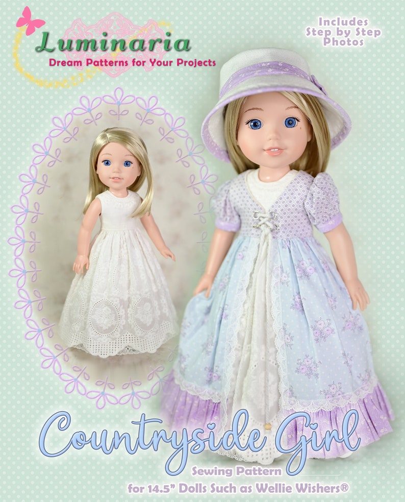 PDF Doll Clothes Dress Pattern Fits 14.5 Dolls Such as American Girl Wellie Wishers & Hearts For Hearts Countryside Girl Luminaria Designs image 1