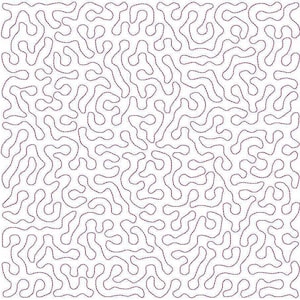 May include: A black and white abstract pattern with a repeating design of organic shapes. The pattern is made up of thin lines that create a maze-like effect.