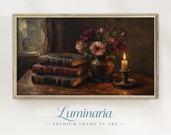 Moody Frame TV Art Fall Autumn 4K Book Lover Floral Modern Textured Impasto Digital Instant Download Dark Academia