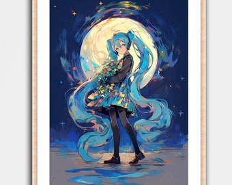 Hatsune Miku Anime Fan Art Print Wall Art Home Decor Poster Geek Nerd Gaming Gamer Gift Concept Artwork Computer Room Tokyo Japan City