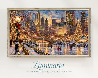Frame TV Art Central Park Skaters New York 4K Christmas Tree Holiday Modern Textured Impasto Digital Instant Download