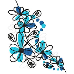 Könnte beinhalten: Eine Schwarz-Weiß-Zeichnung von stilisierten blauen Blumen mit blauen und weißen Punkten auf weißem Hintergrund.