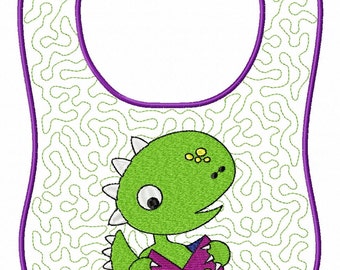 May include: A white baby bib with a purple stitched border and a green maze-like pattern. The center features an embroidered green dinosaur hatching from a purple egg with yellow spots, showcasing white spikes along its back and head.