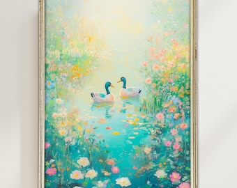 Cute Ducks Nursery Art Print Wall Home Decor Poster Mural Baby Pastel Floral Flowers Cozy Woodland Animals Geese Kids Room Gender Neutral
