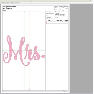 May include: A digital embroidery design worksheet titled Mrs 02 Small, featuring a pink script text reading Mrs. The document displays technical specifications including 8239 stitches, 1 color, and a hoop size of 230 x 300 mm for the project.