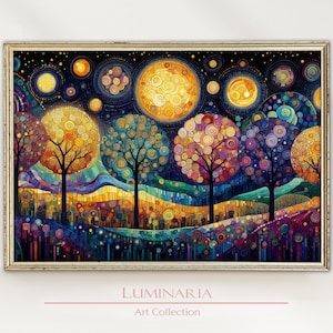 Gustav Klimt Inspirierte Landschaft Kunst Druck Wand Haus Dekor Poster Wandbild Mond Nachthimmel Gemütlich Modernes Ölgemälde Bäume Jugendstil