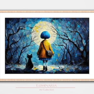 Puede incluir: Una pintura de una niña con cabello azul y un abrigo amarillo de pie en un bosque con un gato negro. La luna es visible en el fondo.