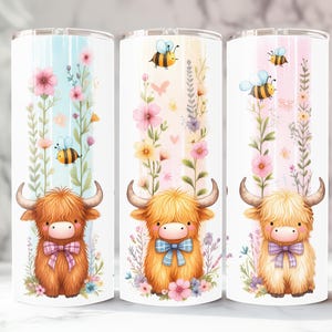 Highland Kühe Bienen Becher Wrap 20 Unzen Skinny Gerade Konisch Erdbeere Mutter Geschenk Floral Cute Pastel Sublimationsbecher Digitale Design Vorlage