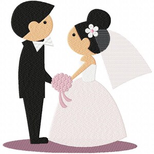 May include: An embroidery design featuring a stylized couple standing face to face. The figure on the left wears a black suit with a white bowtie. The figure on the right wears a white dress, a veil with a white flower, and holds a pink bouquet.