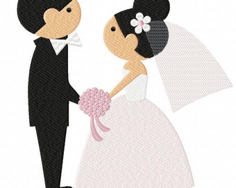 Pode incluir: Um design de bordado apresentando um casal estilizado frente a frente. A figura à esquerda veste um terno preto com gravata borboleta branca. A figura à direita veste um vestido branco, um véu com uma flor branca e segura um buquê rosa.