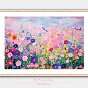 Gustav Klimt Inspiriert Blumen Blumen Kunstdruck Wand Wohnkultur Poster Wandbild Frühling Wiese Prärie Himmel gemütliche moderne Kunst Vintage Ölgemälde