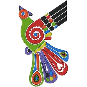 May include: A colorful embroidered bird design with a green body, red wing details, and a black and white wing. The bird has a spiral design on its chest and is set against a white background.
