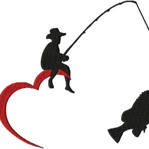 Peut inclure: Une silhouette noire d'une personne pêchant avec un cœur rouge et le mot "I" devant. La personne est assise sur le cœur et tient une canne à pêche avec un poisson au bout de la ligne.