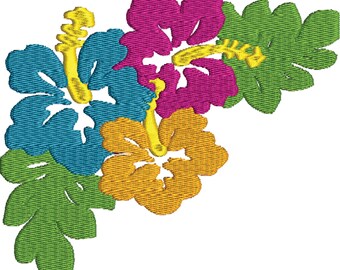 May include: An embroidery design featuring three hibiscus flowers in blue, magenta, and yellow, accompanied by two green leaves. The flowers have prominent yellow stamens and textured stitching throughout, creating a vibrant floral pattern.