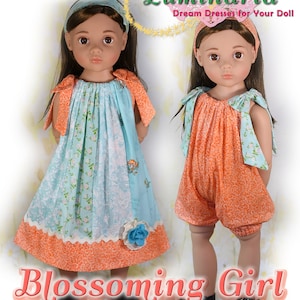 May include: Sewing pattern for a 19.5 inch doll dress. The pattern is called "Blossoming Girl" and is for Gotz Happy Kidz dolls. The pattern is shown with two dolls wearing the dress in different colors and fabrics. The dress is a simple, beginner-friendly design.