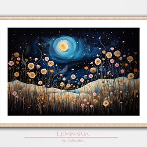 Gustav Klimt Inspiriert Blumenlandschaft Kunstdruck Wand Wohnkultur Poster Wandbild Mond Nachthimmel gemütliches modernes Ölgemälde Bäume Holz
