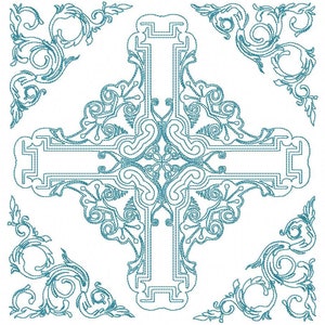 Peut inclure: Un motif de broderie machine bleu sarcelle représentant une croix centrale avec des volutes complexes et des lignes géométriques, entourée de quatre ornements d'angle assortis, le tout réalisé avec un pointillé régulier.