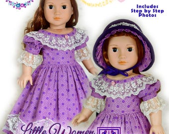 Molde em PDF para costura de vestido de boneca de 45 cm (18 polegadas) inspirado na Guerra Civil Americana, como o vestido da AG, da Luminaria Designs.