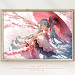 Hatsune Miku Anime Fan Art Print Wall Art Home Decor Poster Geek Nerd Gaming Gamer Gift Concept Artwork Computer Room Sakura Trees Floral
