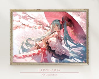 Hatsune Miku Anime Fan Art Print Wall Art Home Decor Poster Geek Nerd Gaming Gamer Gift Concept Artwork Computer Room Sakura Trees Floral