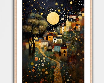 Gustav Klimt Inspirierte Landschaft Kunstdruck Wand Haus Dekor Poster Wandbild Mond Nachthimmel gemütliche moderne Kunst Vintage Ölgemälde Künstler Bäume Holz