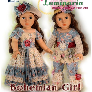 Patrón digital en PDF para vestido de muñeca de 18 pulgadas estilo boho girl, de Luminaria Designs.