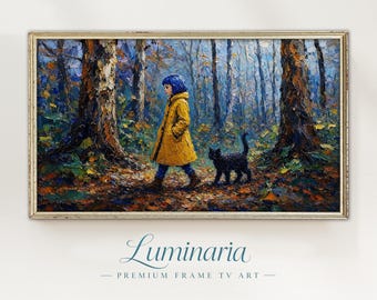 Moody Frame TV Art Fall Autumn 4K Book Cat Lover Girl Modern Textured Impasto Digital Instant Download Dark Academia