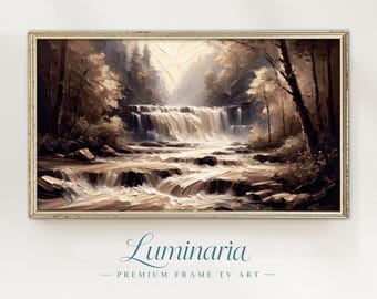 Moody Fall Autumn Frame TV Art 4K Waterfall Landscape Neutral Modern Textured Impasto Digital Instant Download Dark Academia