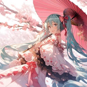 Afdrukbare Hatsune Miku anime fanart print muur Home decor poster geek nerd gaming gamer cadeau computer kamer sakura bomen muziek bloem bloemen