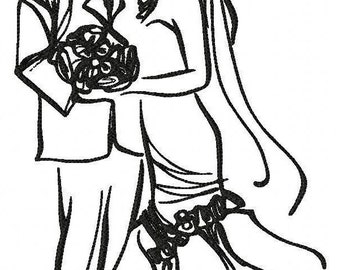 Pode incluir: Um design de bordado em arte linear a preto e branco que retrata um casal a beijar-se. A figura à esquerda veste um fato e segura um ramo, enquanto a figura à direita veste um vestido comprido com véu. O design apresenta contornos arrojados.