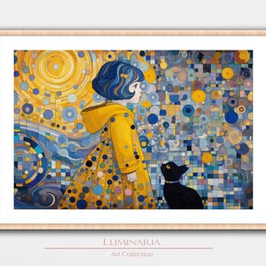 Puede incluir: Una pintura de una niña con un impermeable amarillo de pie con un gato negro sobre un fondo abstracto colorido de círculos y cuadrados.