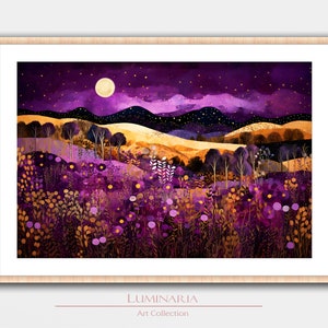 Gustav Klimt Inspiriert Lila Landschaft Kunstdruck Wand Haus Dekor Poster Wandbild Mond Nacht Himmel gemütliches modernes Vintage Ölgemälde Bäume Holz