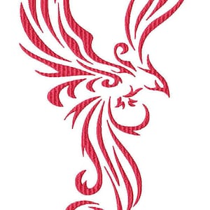May include: A stylized red phoenix design with intricate details and a flowing tail.