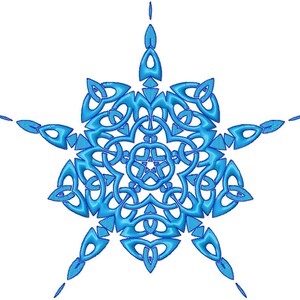 May include: A blue snowflake-shaped design with intricate details, resembling a Celtic knot.