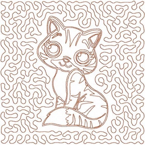 May include: A brown machine embroidery design featuring a central kitten with large eyes and striped fur, surrounded by a continuous, intricate, squiggly maze-like pattern that fills the square background area behind the cat figure.