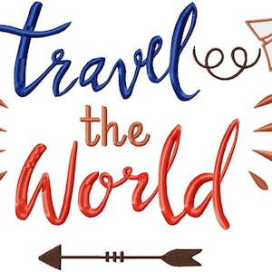 May include: Embroidered design featuring the text "Travel the World" in blue and red lettering. A paper aeroplane and arrow are also included in the design.